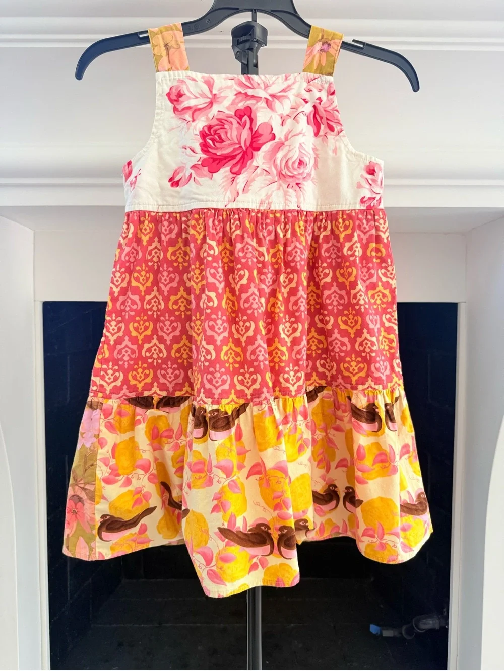 Girls Pink Floral Tiered Summer Dress with Yellow Accents